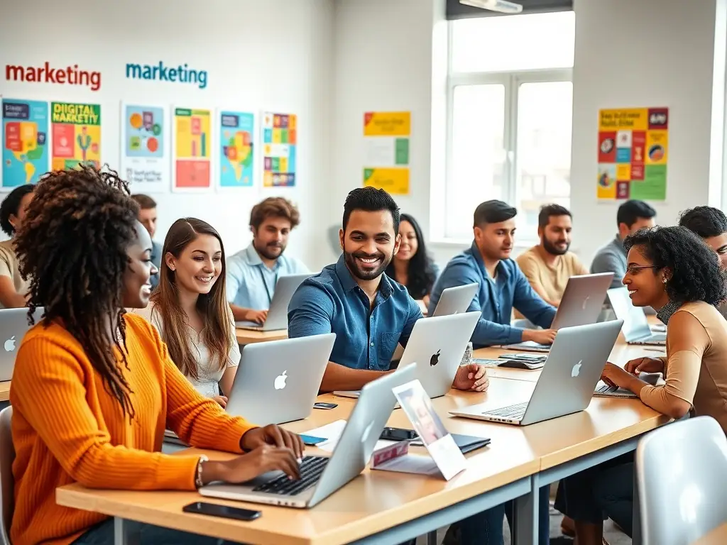 A visually engaging image depicting a diverse group of students happily learning in a modern language classroom, with subtle digital overlays representing online marketing efforts.