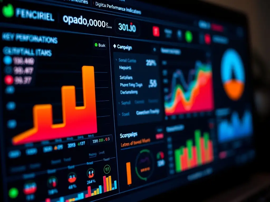 A digital marketing dashboard displaying key performance indicators (KPIs) for an advertising campaign, showcasing metrics like impressions, clicks, and conversion rates, used in the context of promoting language courses online.